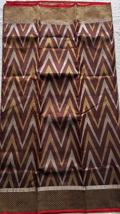 Chanderi Silk Saree Brown Colored Complemented with a Silver Zari Border - Sampradaya Designer Studio