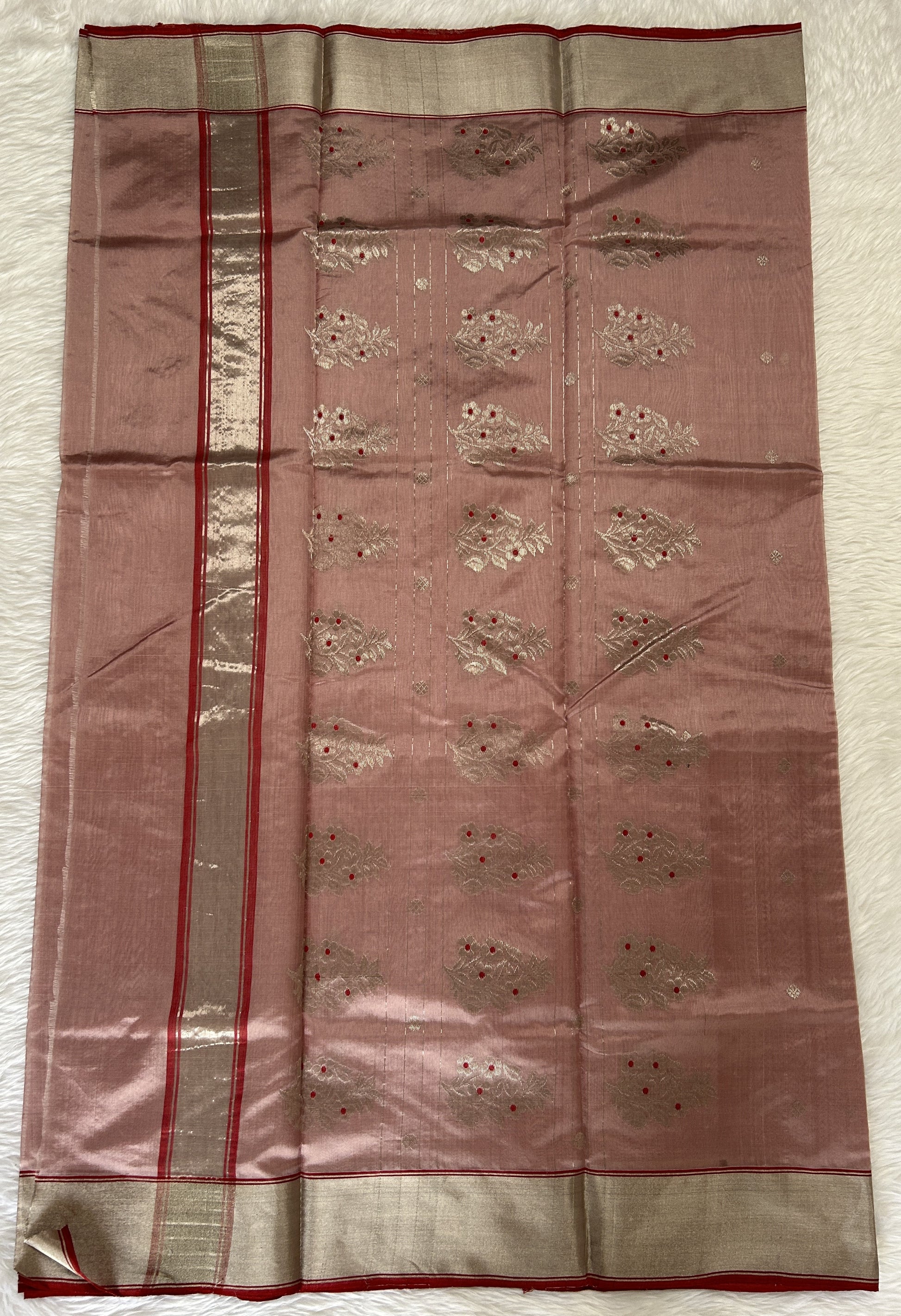 Chanderi Pattu Saree Onion Pink colored saree complemented with a Silver Zari Weaving border - Sampradaya Designer Studio