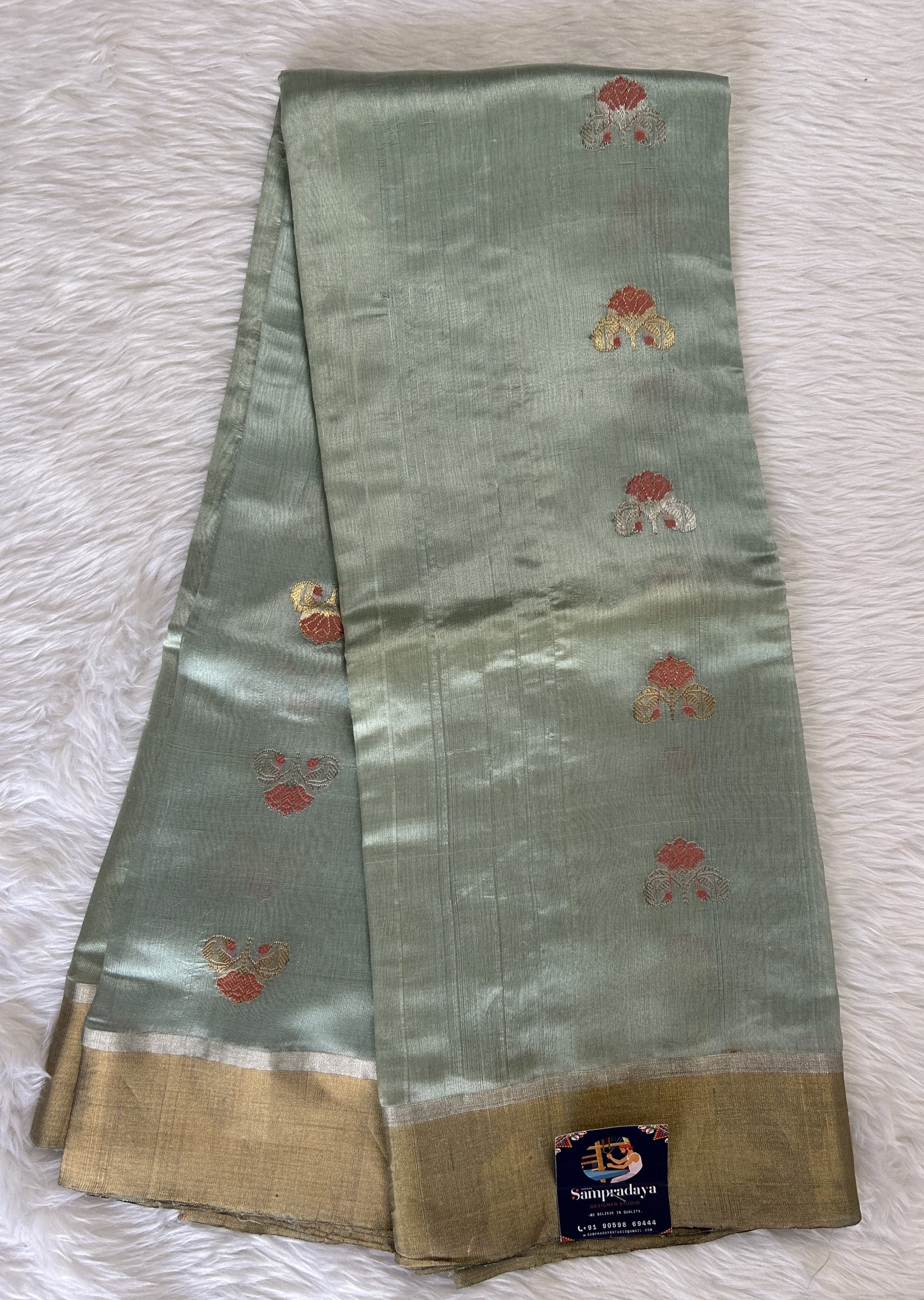 Chanderi Pattu Saree Pastel Green colored saree complemented with a Gold Zari Plain border - Sampradaya Designer Studio