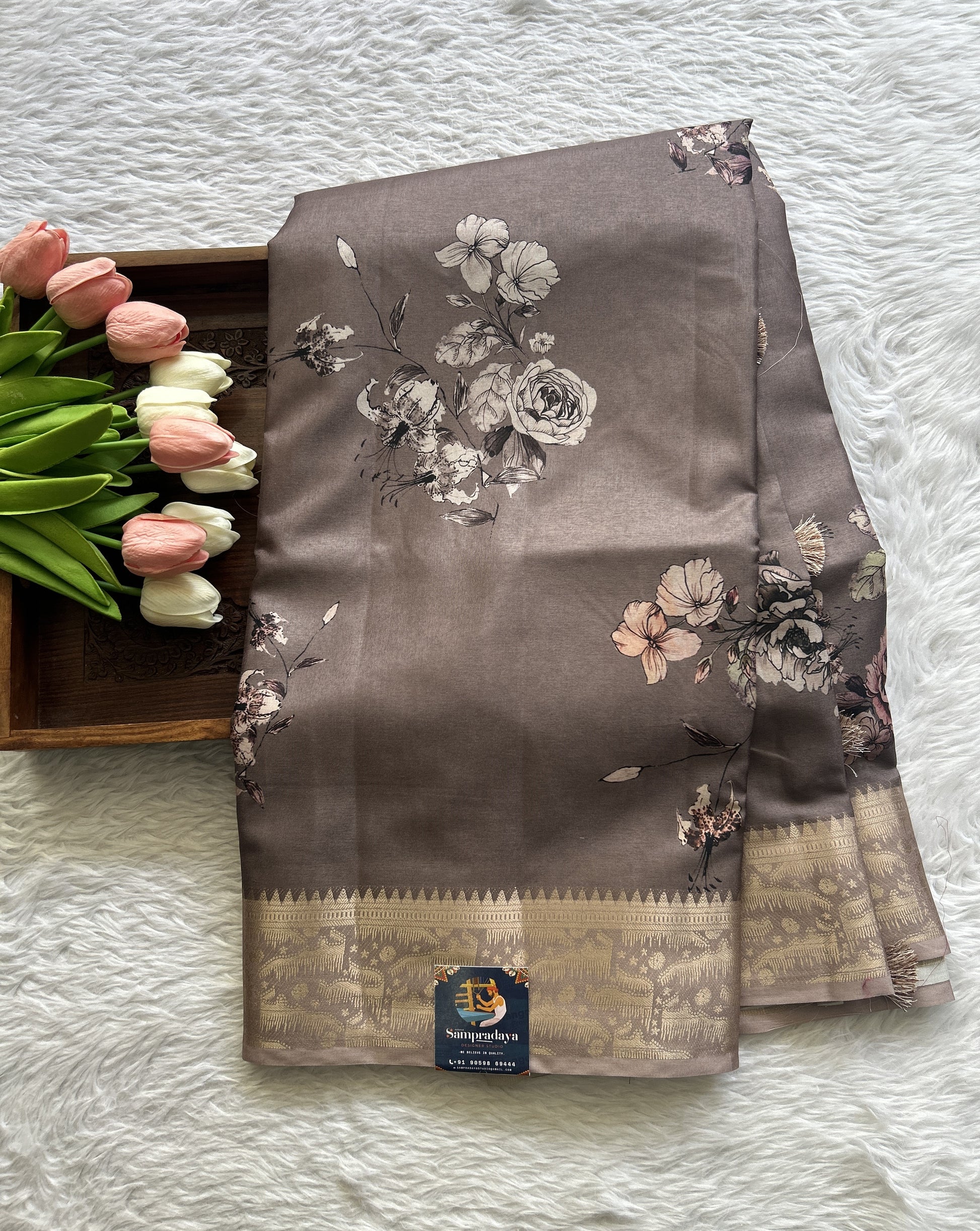 Semi Raw Silk Saree Snuff Colored Complemented with a Zari Border. - Sampradaya Designer Studio