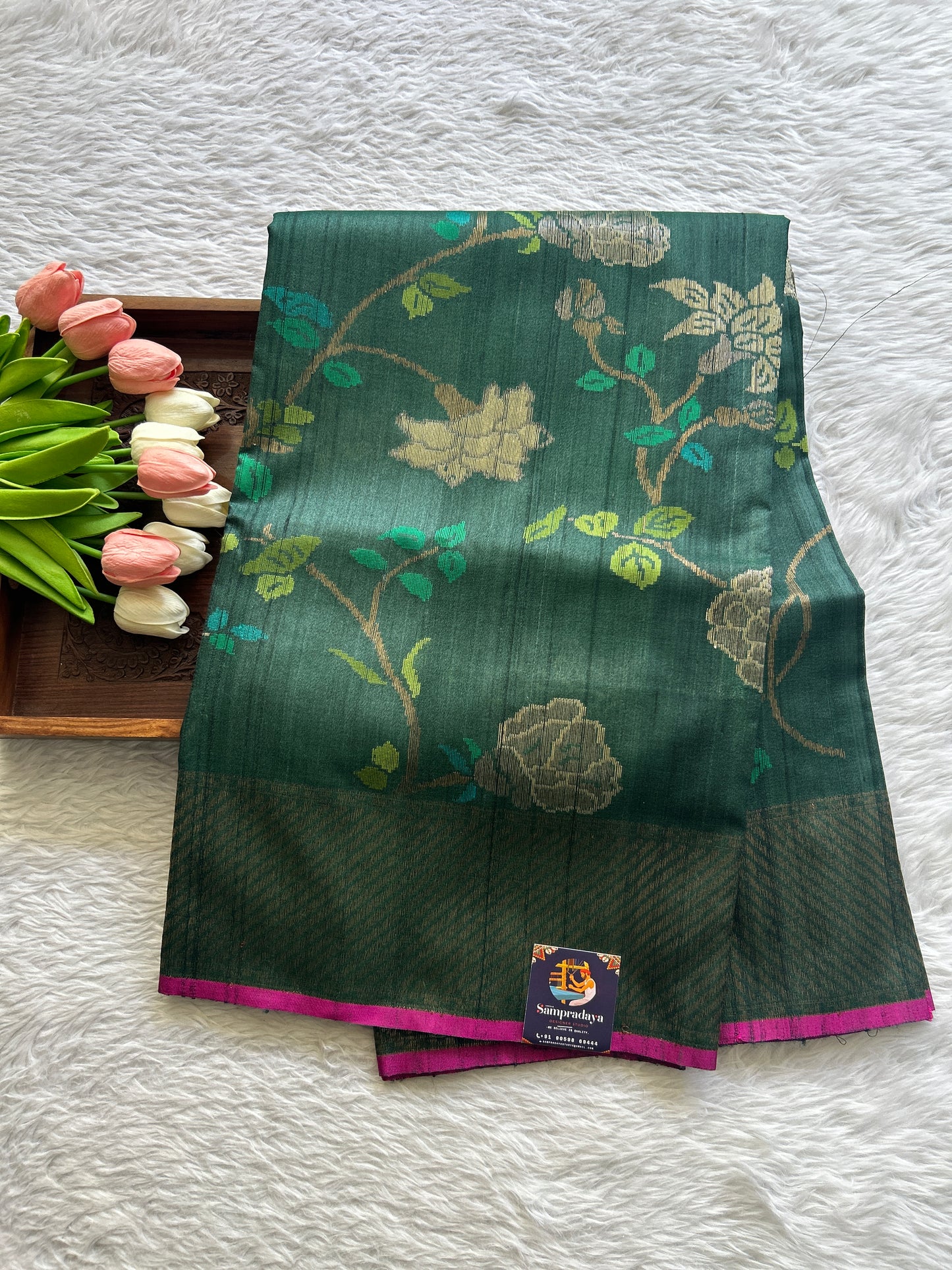 Dupion Silk Saree Bottle Green Colored Complemented with a Zari Border. - Sampradaya Designer Studio