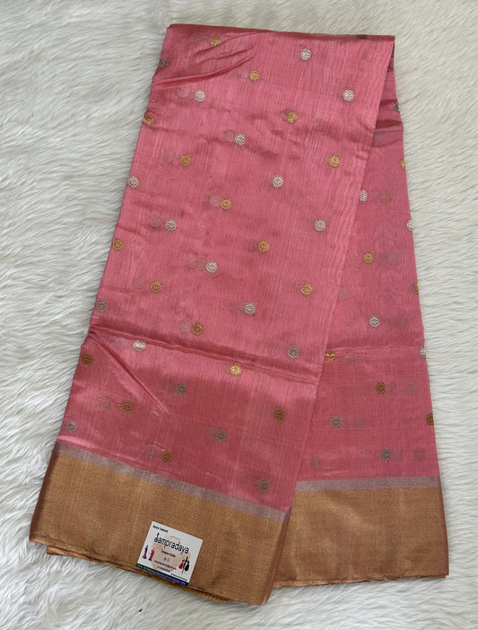 Chanderi Pattu Saree Light Peach colored saree complemented with a Gold Zari weaving Border - Sampradaya Designer Studio