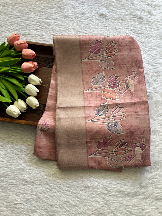 Semi Tussar Saree Light Pink Colored complemented with a Zari Border. - Sampradaya Designer Studio