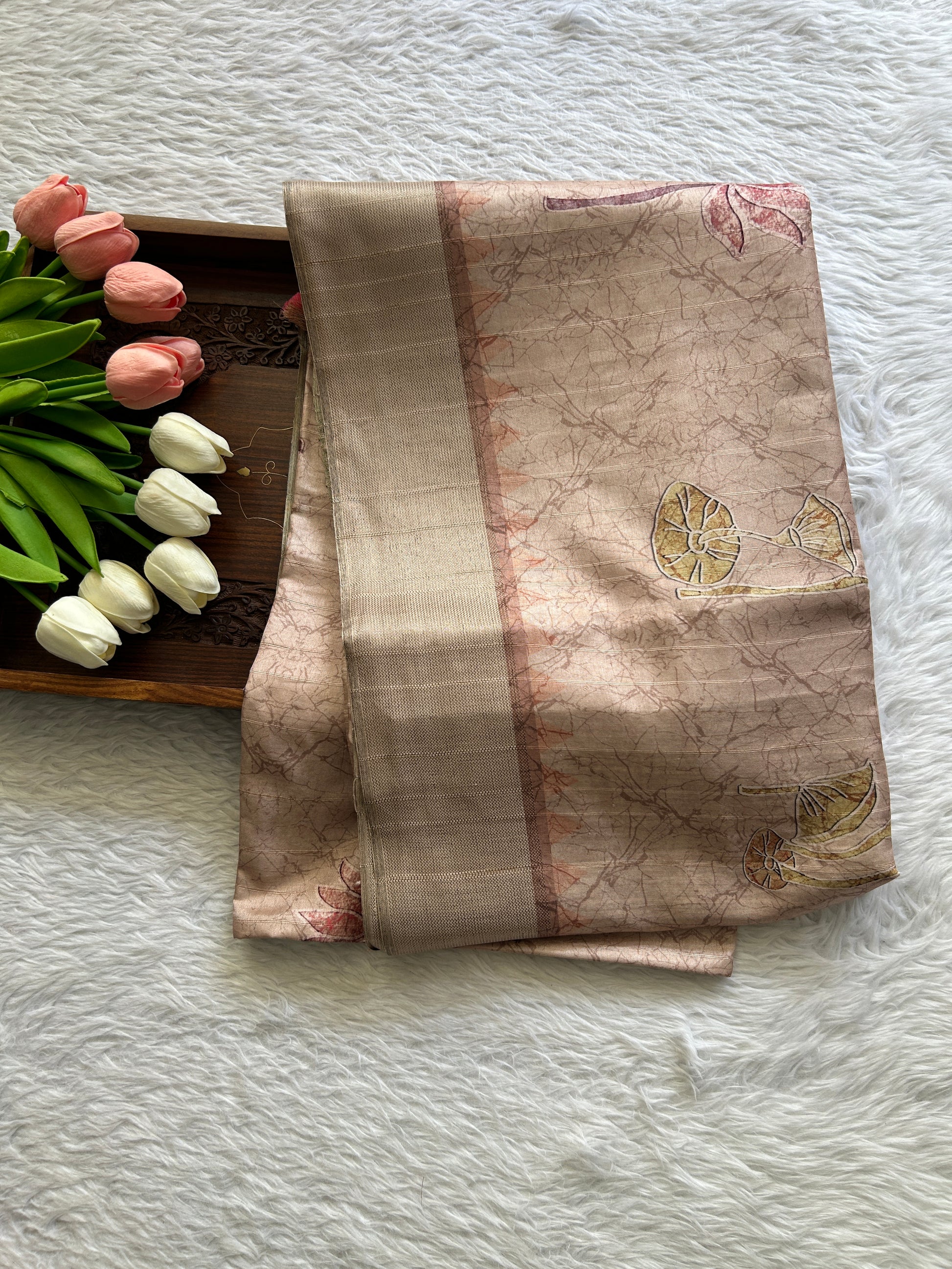 Semi Tussar Saree Beige Colored complemented with a Zari Border. - Sampradaya Designer Studio