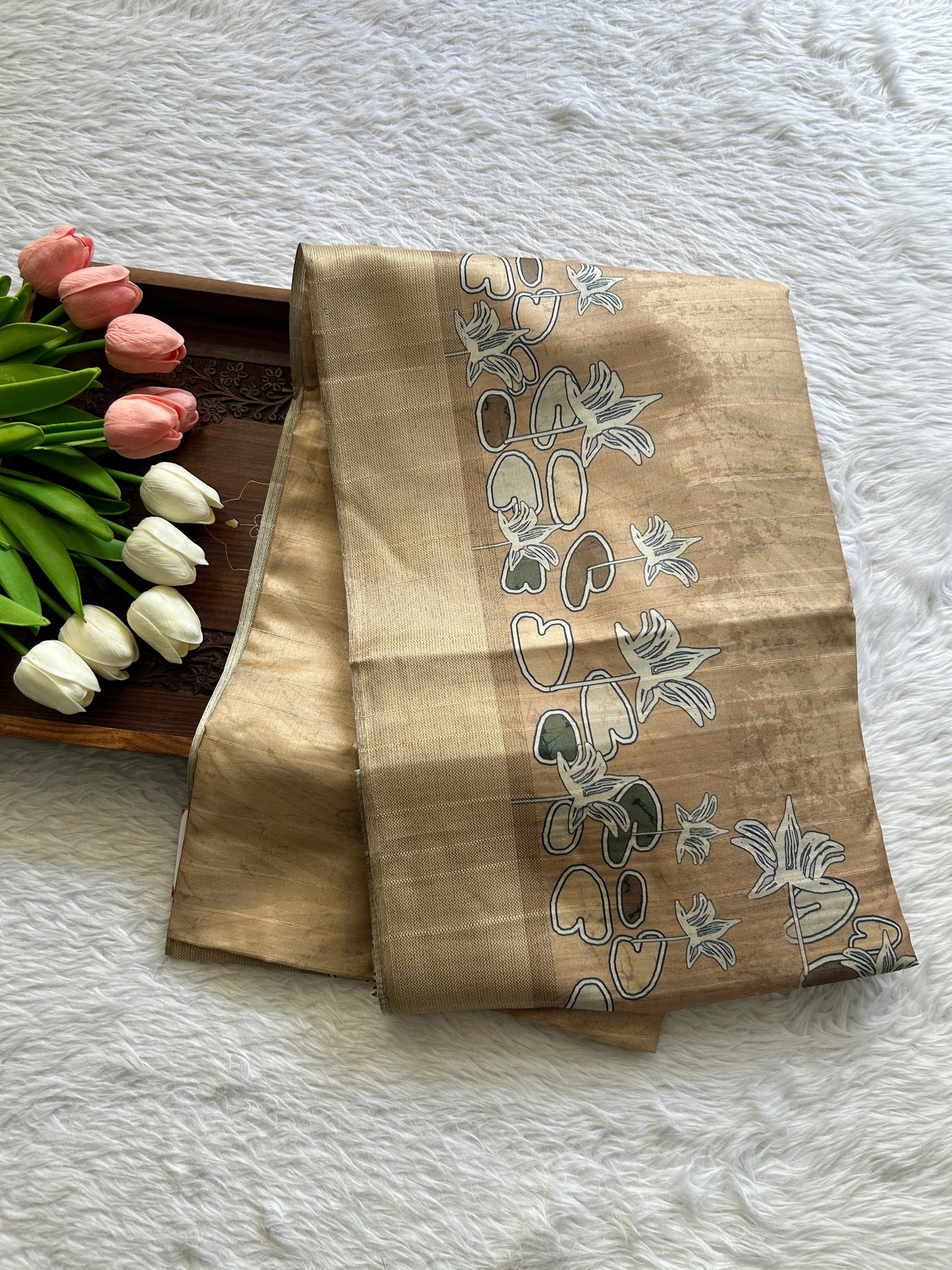 Semi Tussar Saree Biscuit Colored complemented with a Zari Border. - Sampradaya Designer Studio