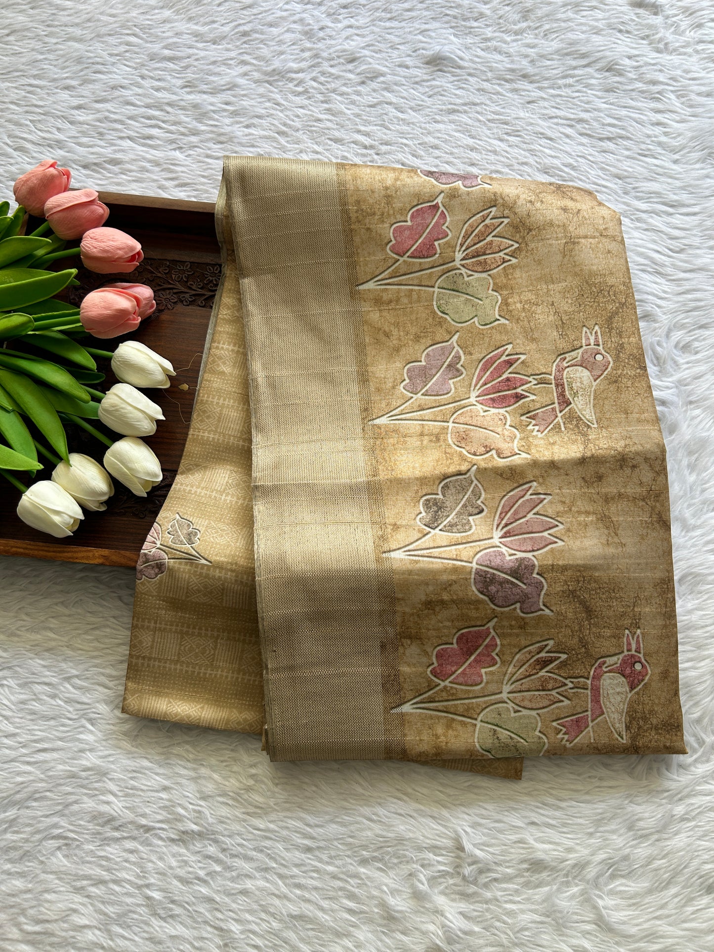 Semi Tussar Saree Cream Colored complemented with a Zari Border. - Sampradaya Designer Studio