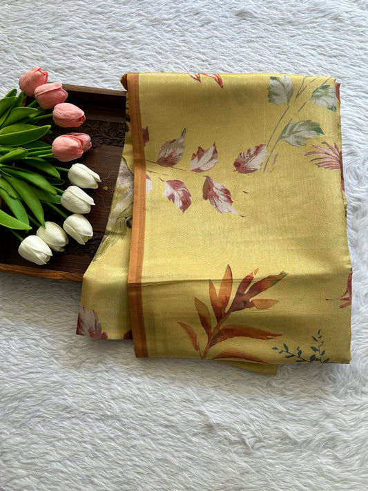 Semi Tussar Saree Yellow Colored complemented with a Borderless. - Sampradaya Designer Studio