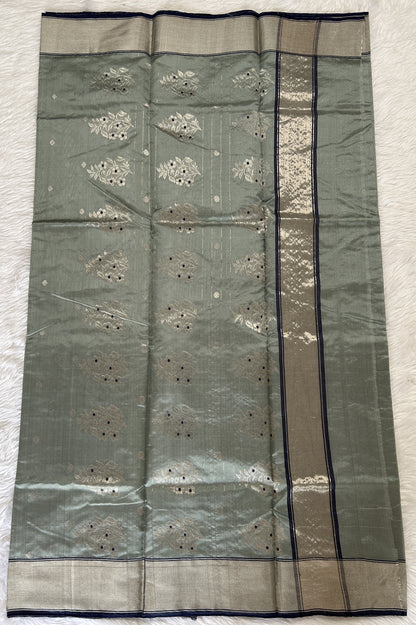 Chanderi Pattu Saree Greenish Grey colored saree complemented with a Silver Zari Border - Sampradaya Designer Studio