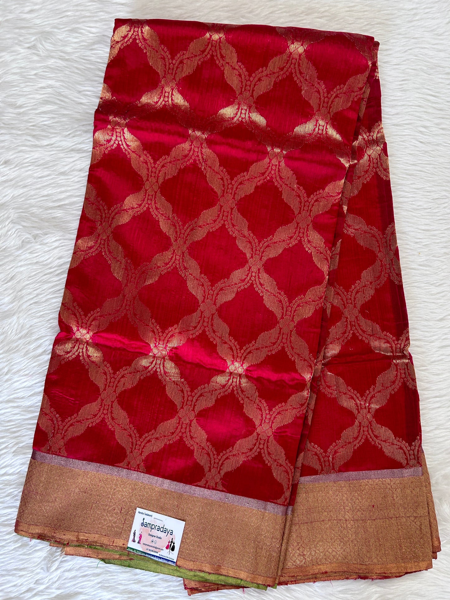 Chanderi Pattu Saree Crimson Red colored saree complemented with a Gold Zari Border - Sampradaya Designer Studio