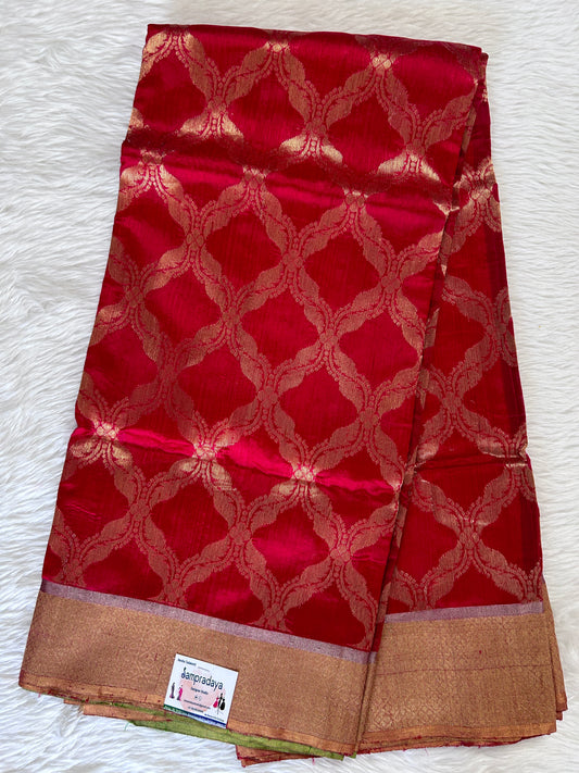 Chanderi Pattu Saree Crimson Red colored saree complemented with a Gold Zari Border - Sampradaya Designer Studio