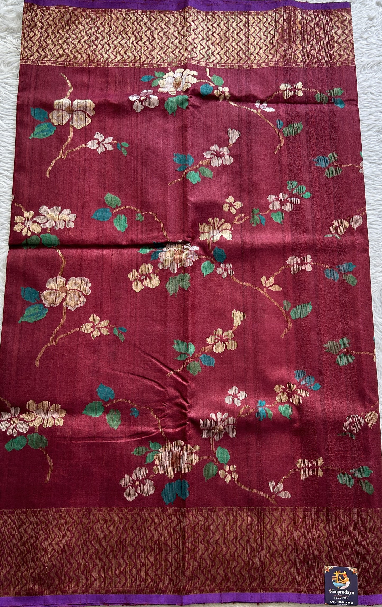 Dupion Silk Saree Maroon Colored Complemented with a Zari Border. - Sampradaya Designer Studio