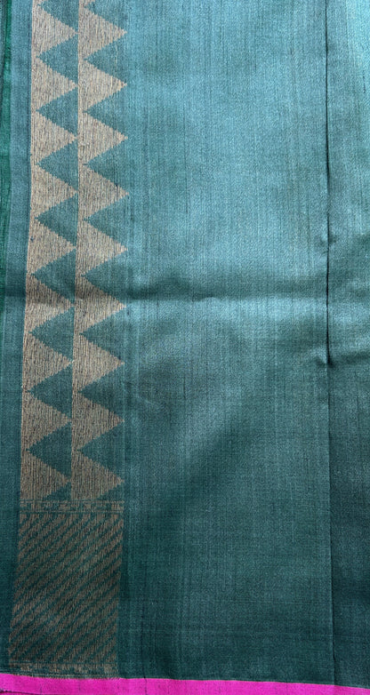 Dupion Silk Saree Bottle Green Colored Complemented with a Zari Border. - Sampradaya Designer Studio