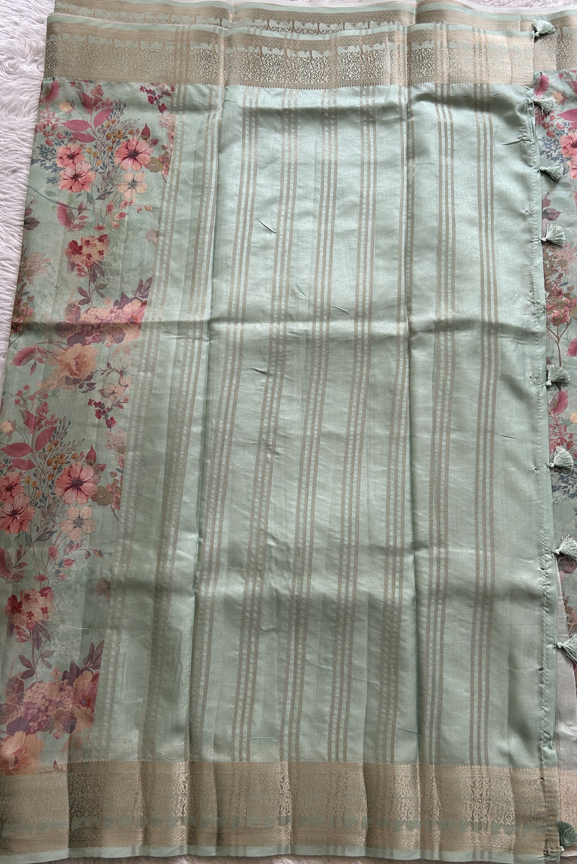 Semi Raw Silk Saree Sea Green Colored Complemented with a Zari Border. - Sampradaya Designer Studio