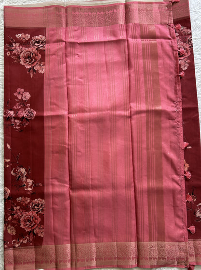 Semi Raw Silk Saree Maroon Colored Complemented with a Zari Border. - Sampradaya Designer Studio