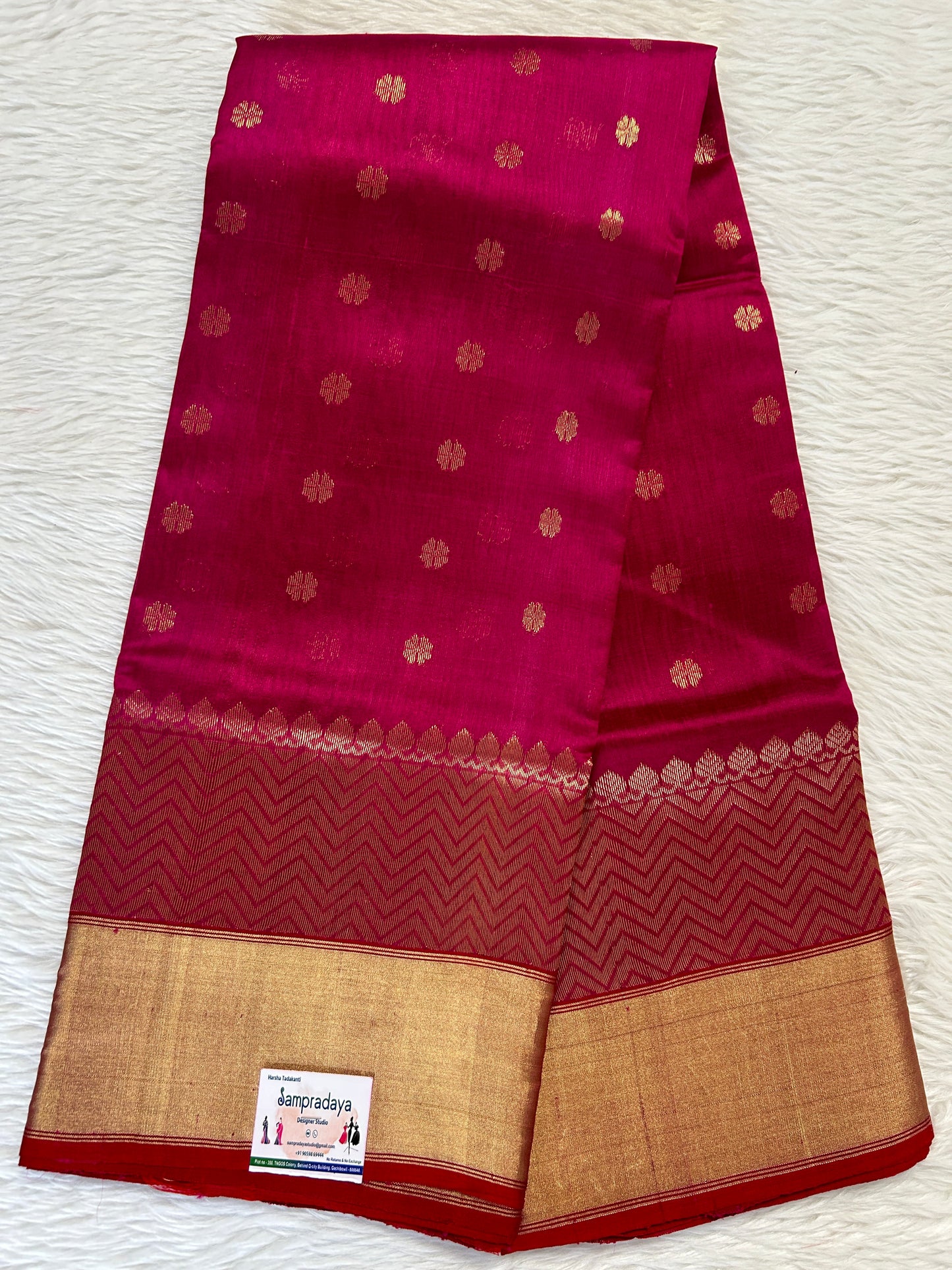 Chanderi Pattu Saree Rouge colored saree complemented with a Gold Zari border - Sampradaya Designer Studio