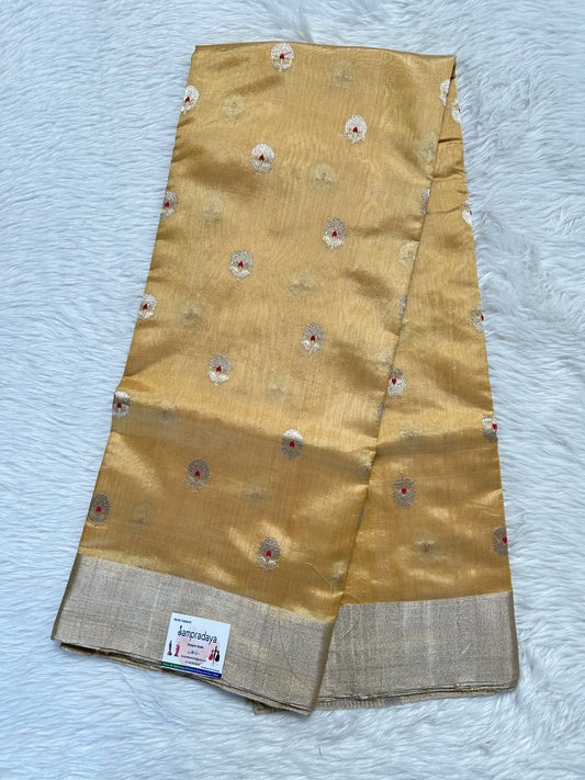 Chanderi Pattu Saree Creamy Yellow colored saree complemented with a Silver Zari border - Sampradaya Designer Studio