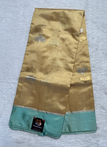 Chanderi Pattu Saree Canary Yellow colored saree complemented with a Cyan Color Mashru border - Sampradaya Designer Studio