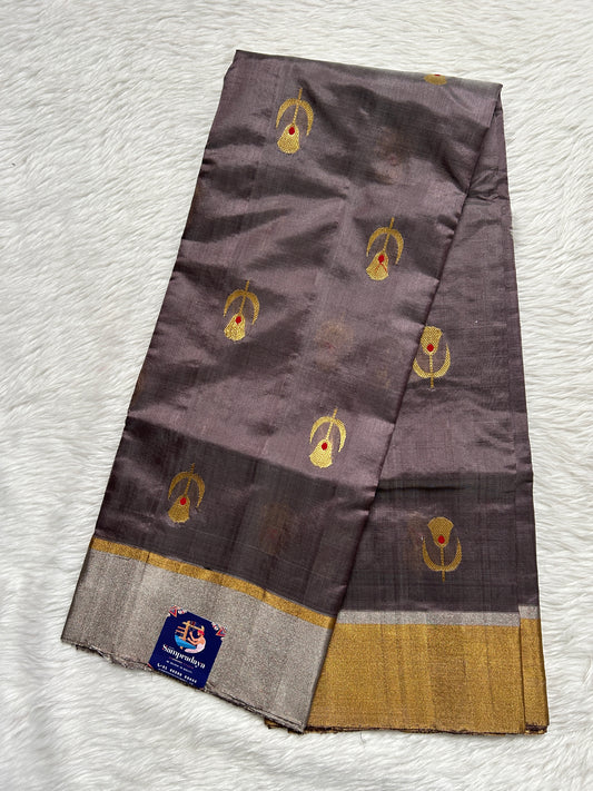 Chanderi Pattu Saree Dark Grey colored saree complemented with a Silver and Gold Zari border - Sampradaya Designer Studio