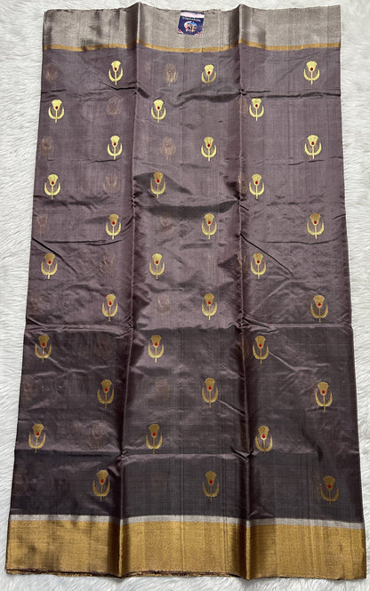 Chanderi Pattu Saree Dark Grey colored saree complemented with a Silver and Gold Zari border - Sampradaya Designer Studio