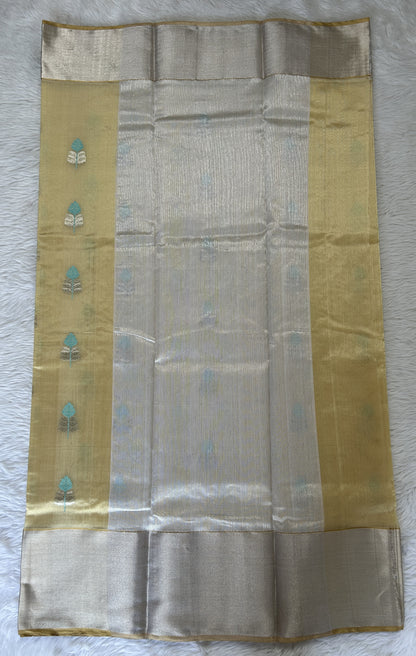 Chanderi Pattu Saree Pastel Yellow colored saree complemented with a Silver Zari Weaving border - Sampradaya Designer Studio