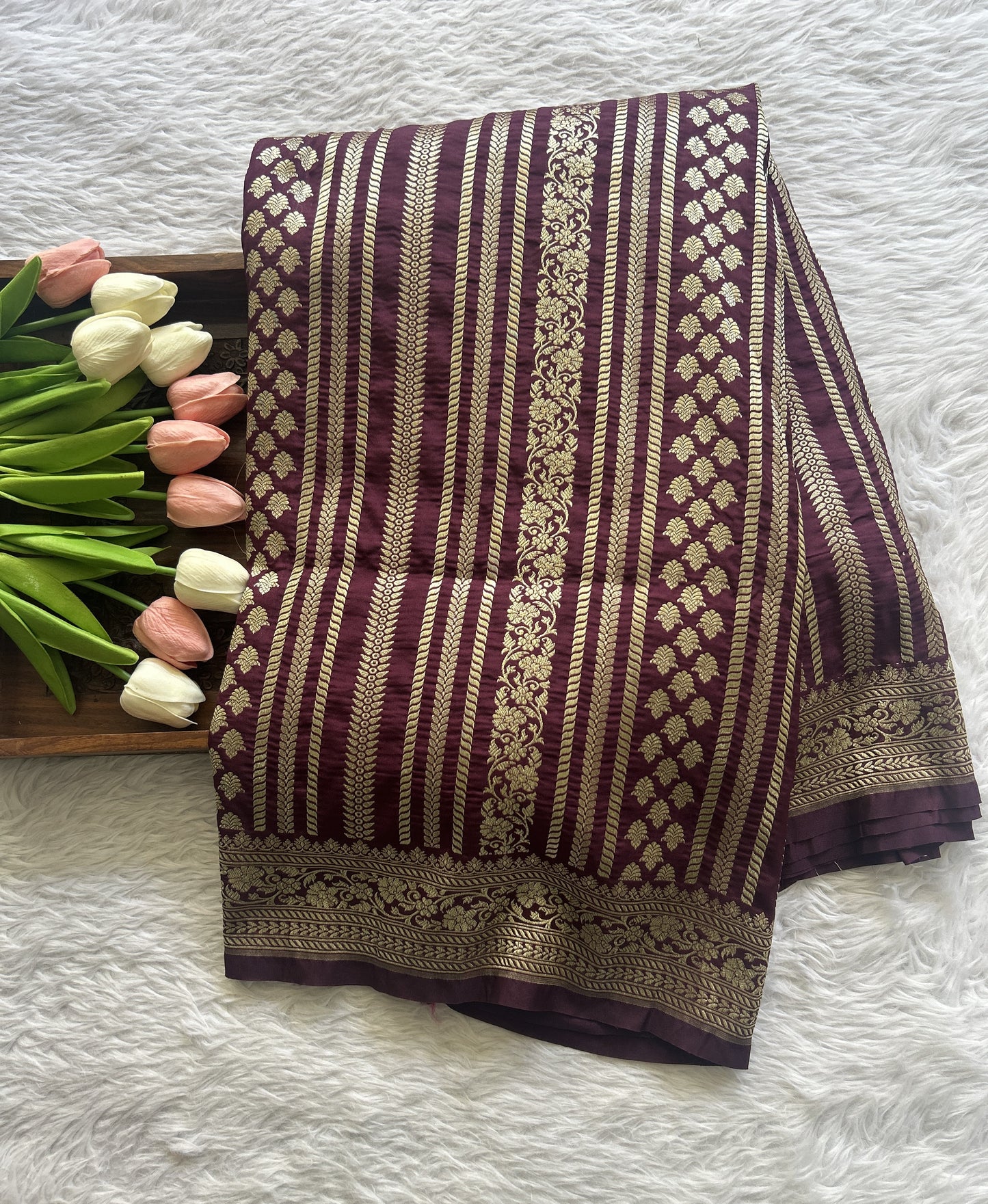 Banarasi Semi Katan Saree Burgundy Colored Complemented with a Zari Border. - Sampradaya Designer Studio