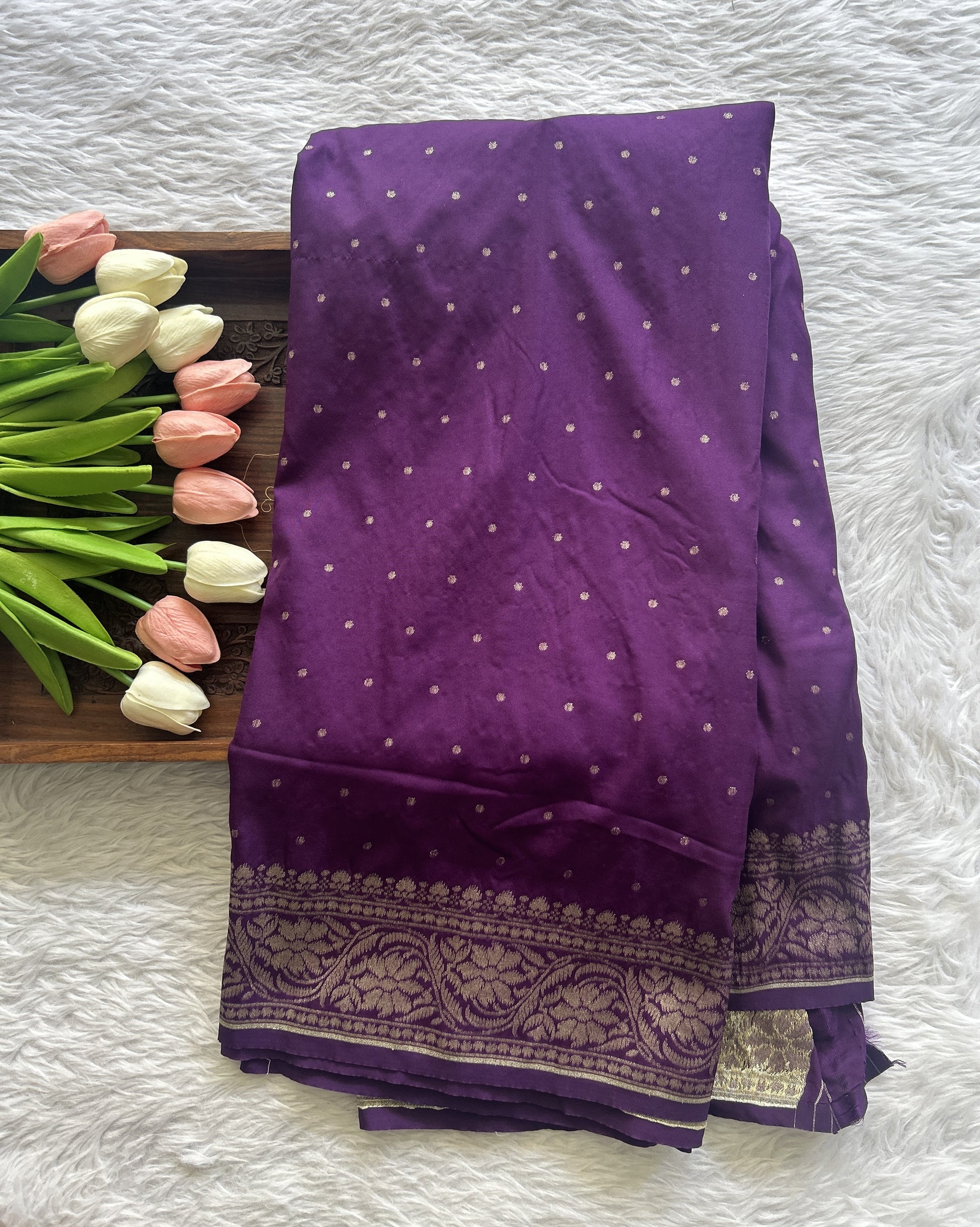 Banarasi Semi Katan Saree Violet Colored Complemented with a Zari Border. - Sampradaya Designer Studio