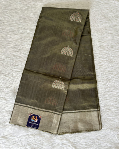 Chanderi Pattu Saree Olive Green colored saree complemented with a Silver Zari border - Sampradaya Designer Studio