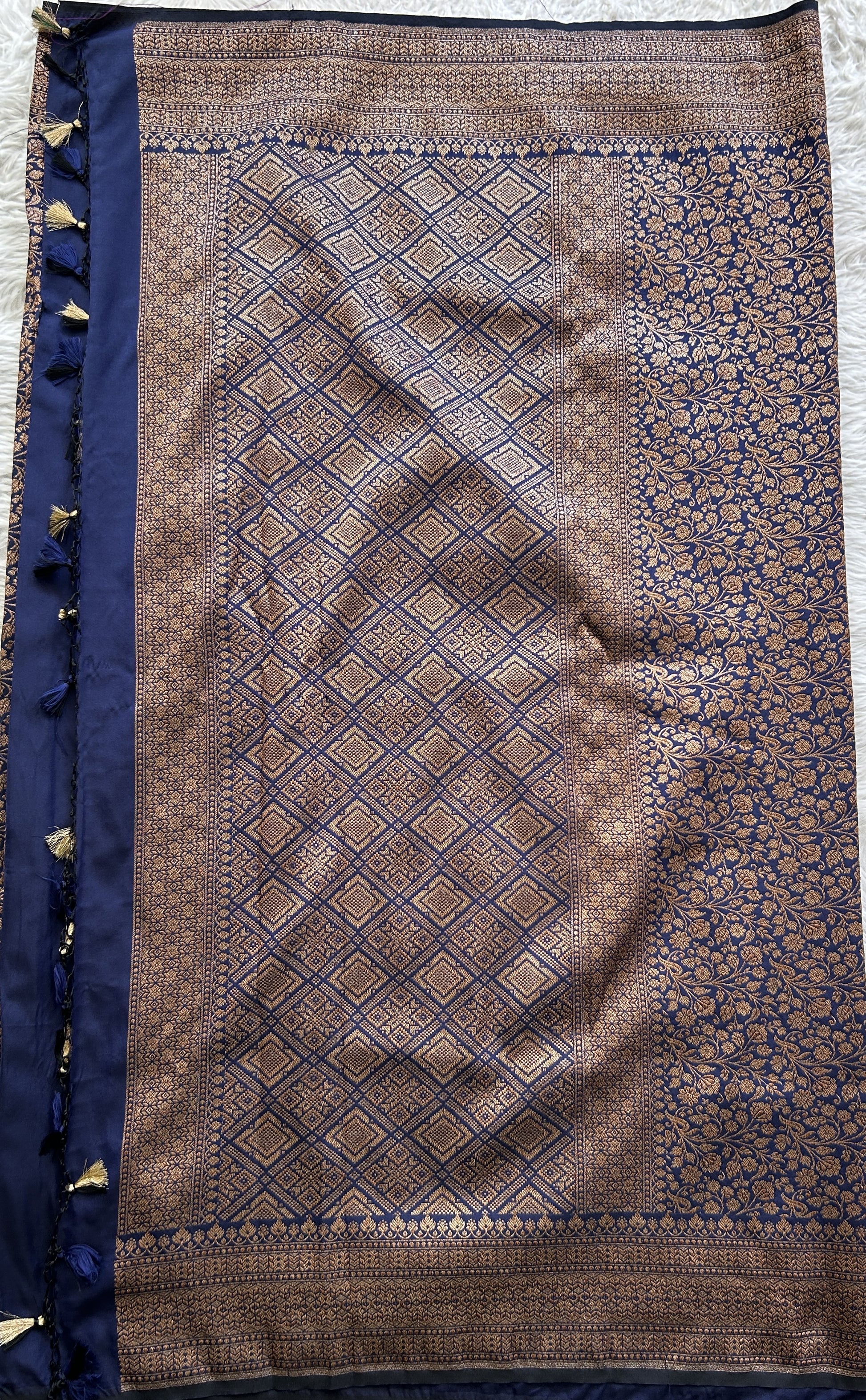 Banarasi Semi Katan Saree Ink Blue Colored Complemented with a Zari Border. - Sampradaya Designer Studio