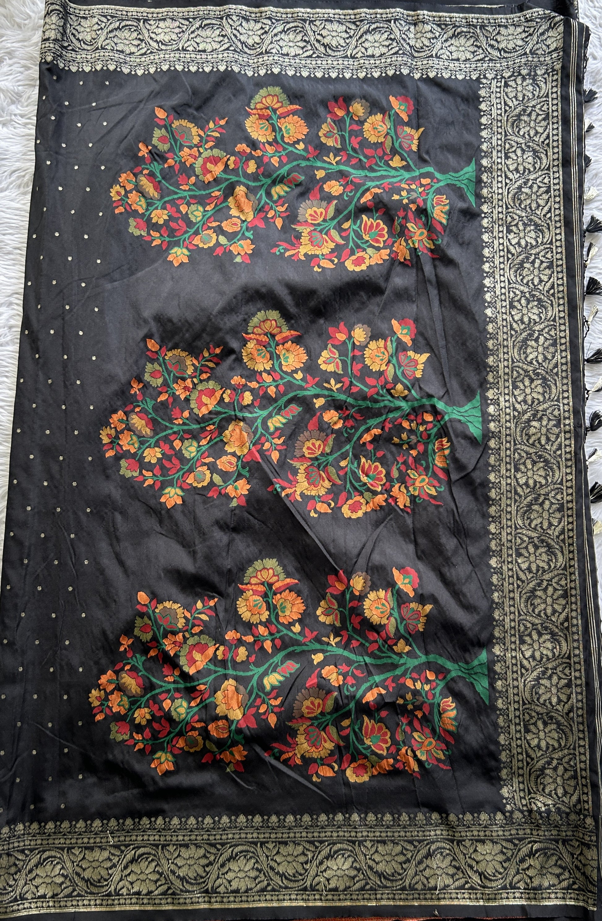 Banarasi Semi Katan Saree Black Colored Complemented with a Zari Border. - Sampradaya Designer Studio