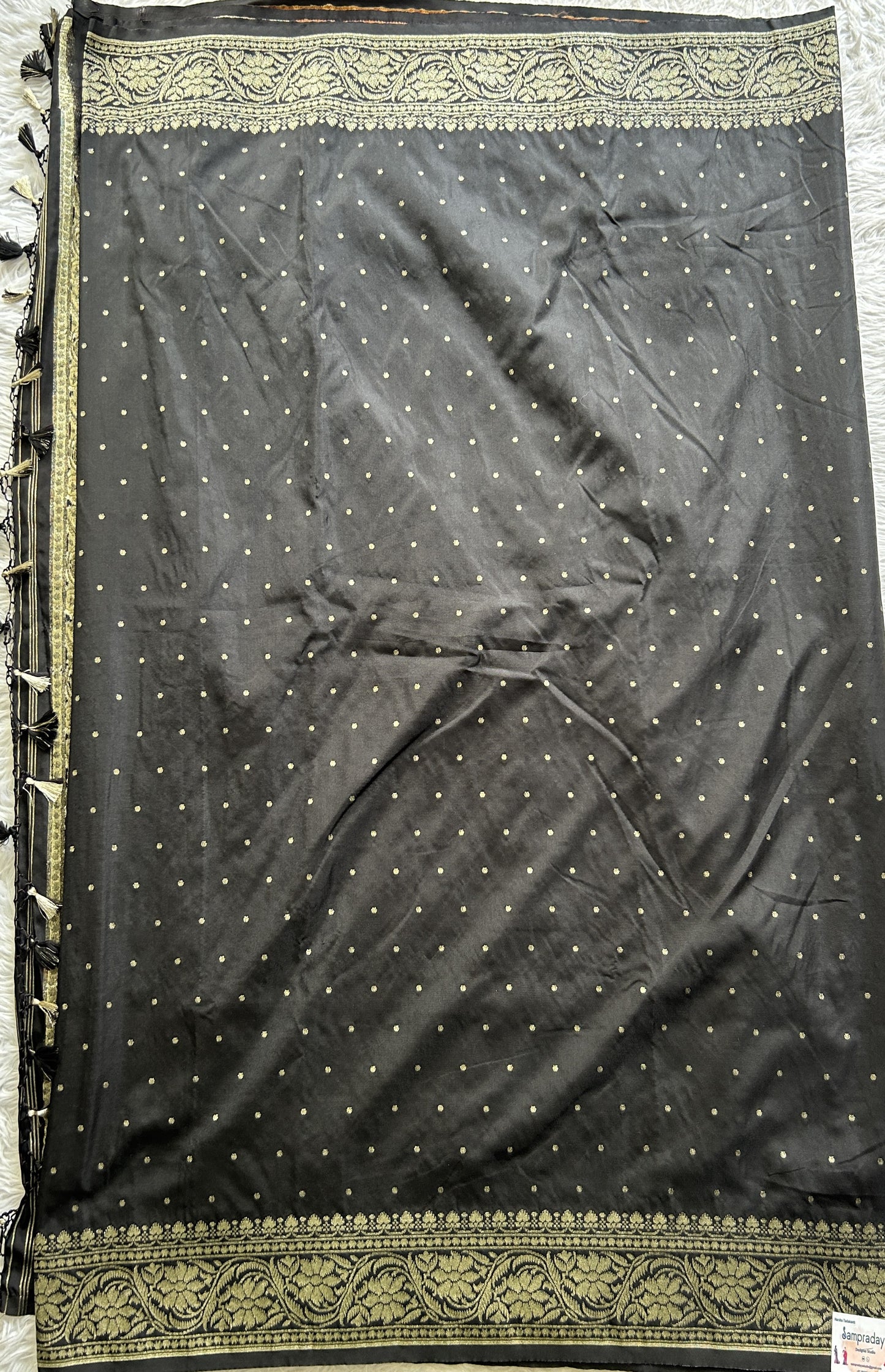 Banarasi Semi Katan Saree Black Colored Complemented with a Zari Border. - Sampradaya Designer Studio