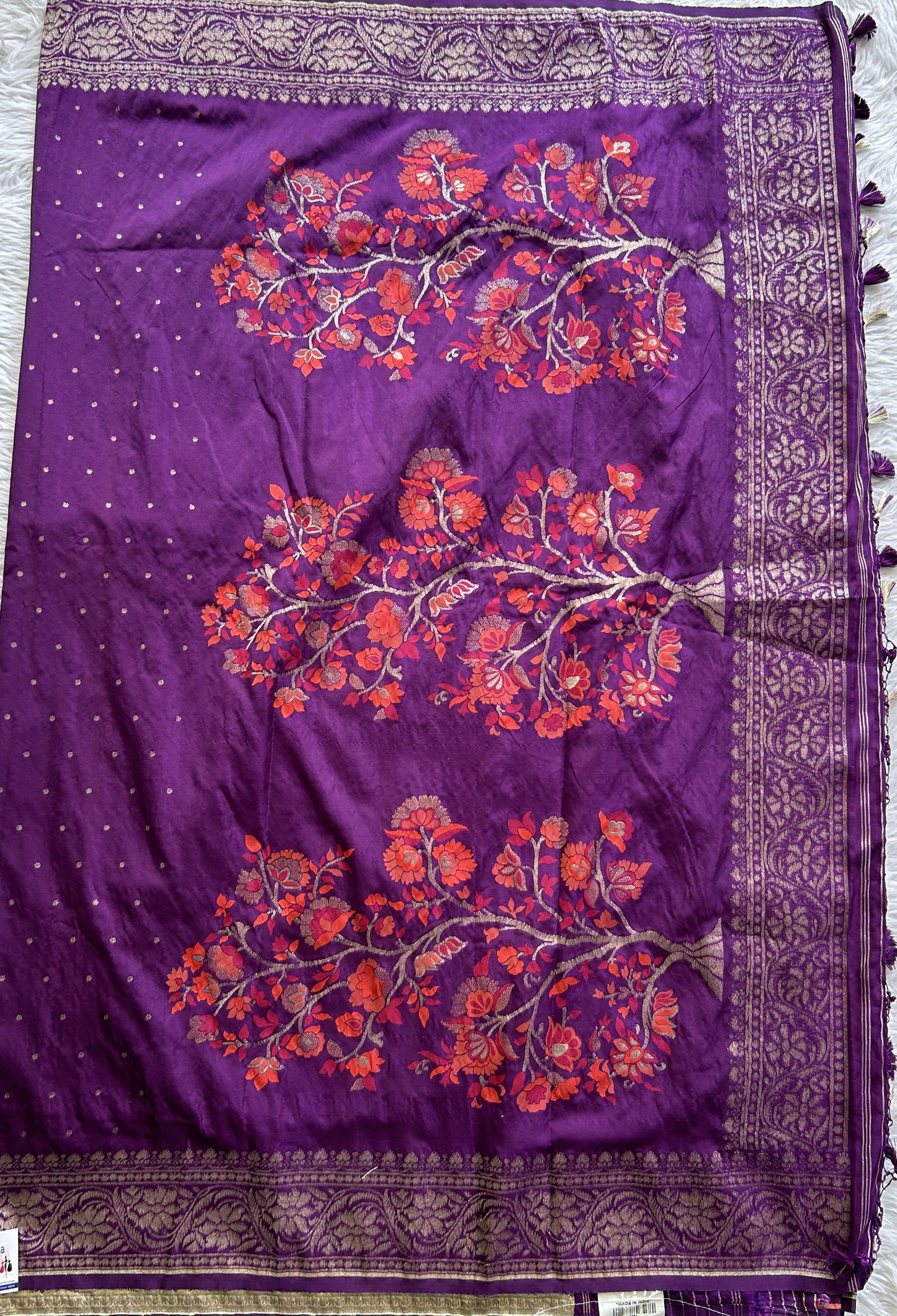 Banarasi Semi Katan Saree Violet Colored Complemented with a Zari Border. - Sampradaya Designer Studio