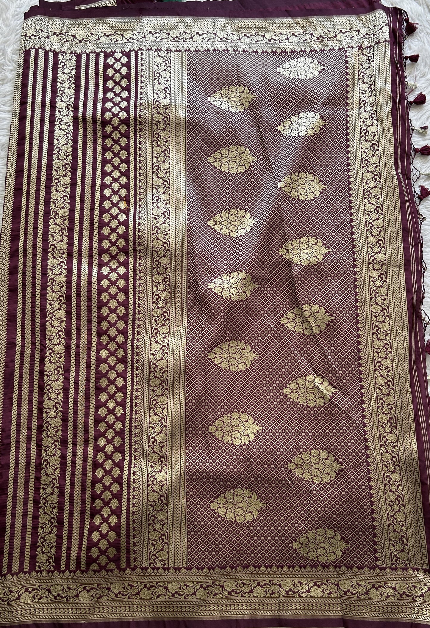 Banarasi Semi Katan Saree Burgundy Colored Complemented with a Zari Border. - Sampradaya Designer Studio