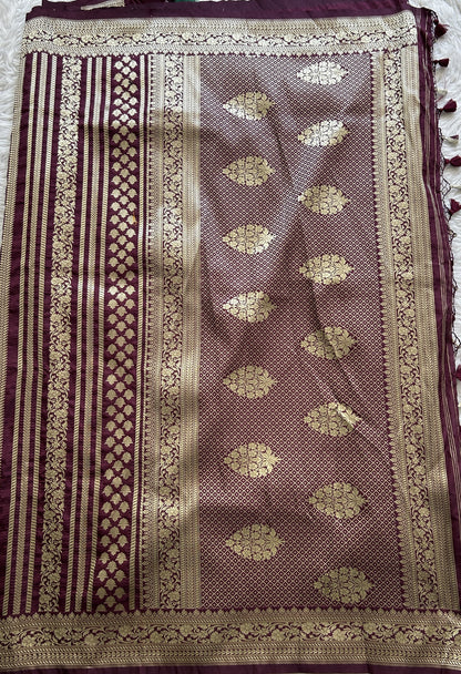 Banarasi Semi Katan Saree Burgundy Colored Complemented with a Zari Border. - Sampradaya Designer Studio