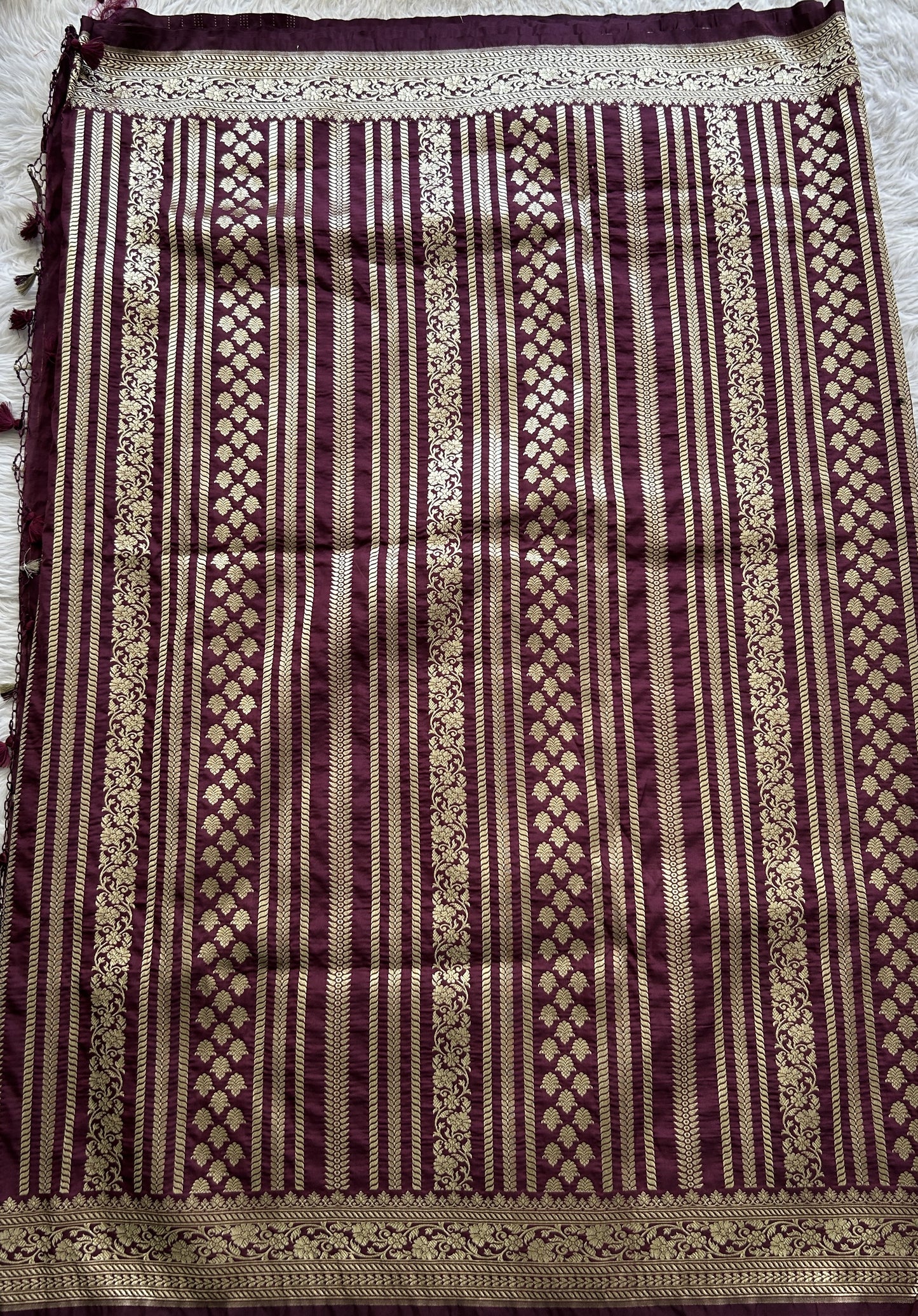 Banarasi Semi Katan Saree Burgundy Colored Complemented with a Zari Border. - Sampradaya Designer Studio