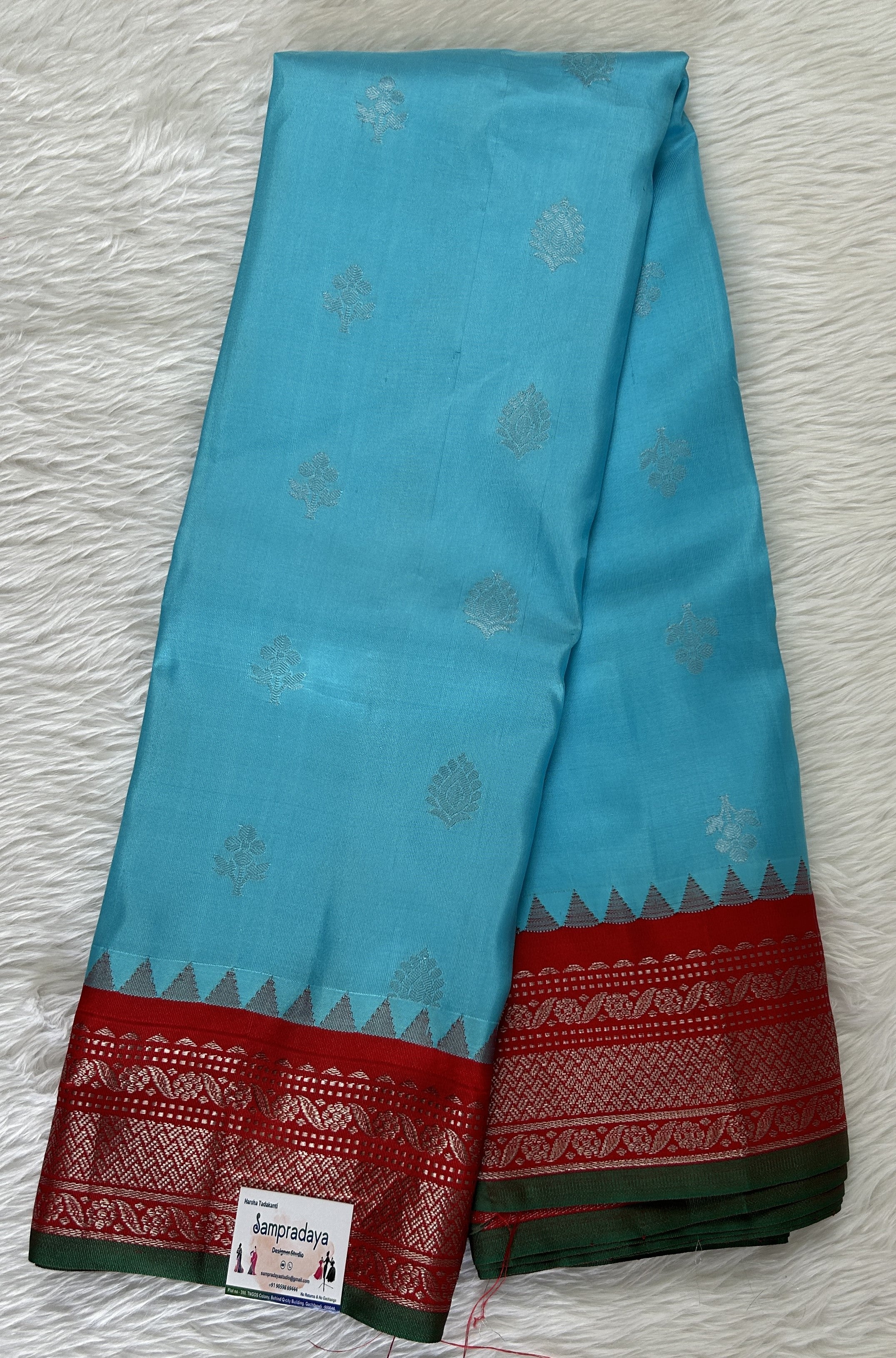 Lovely Skyblue and red combo pure kanjeevaram | New saree designs, Sarees  for girls, Half saree designs