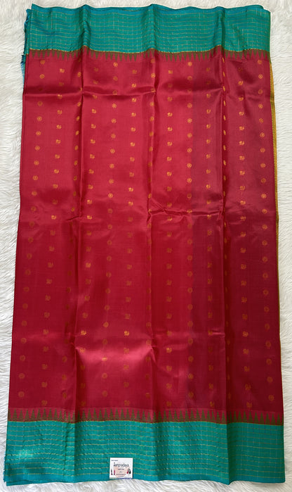 Gadwal Pattu Saree Merlot colored saree complemented with a Sea Green Checks Border - Sampradaya Designer Studio