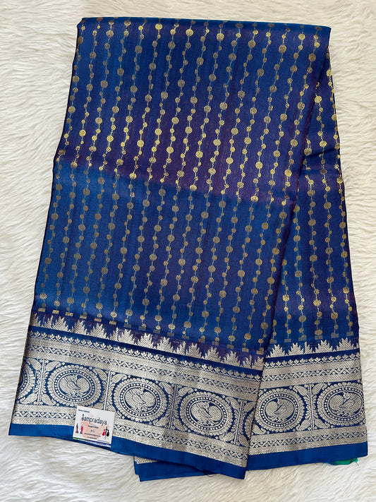 Venkatagiri Pattu Saree Peacock Blue Colored Complemented With a Pattu Silver Kanchi Border - Sampradaya Designer Studio