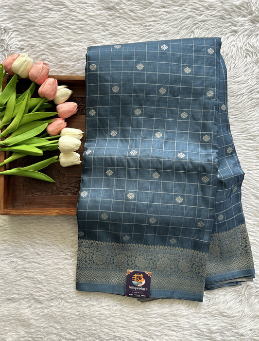 Semi Georgette Saree Peacock Blue Colored Complemented with a Zari Border. - Sampradaya Designer Studio