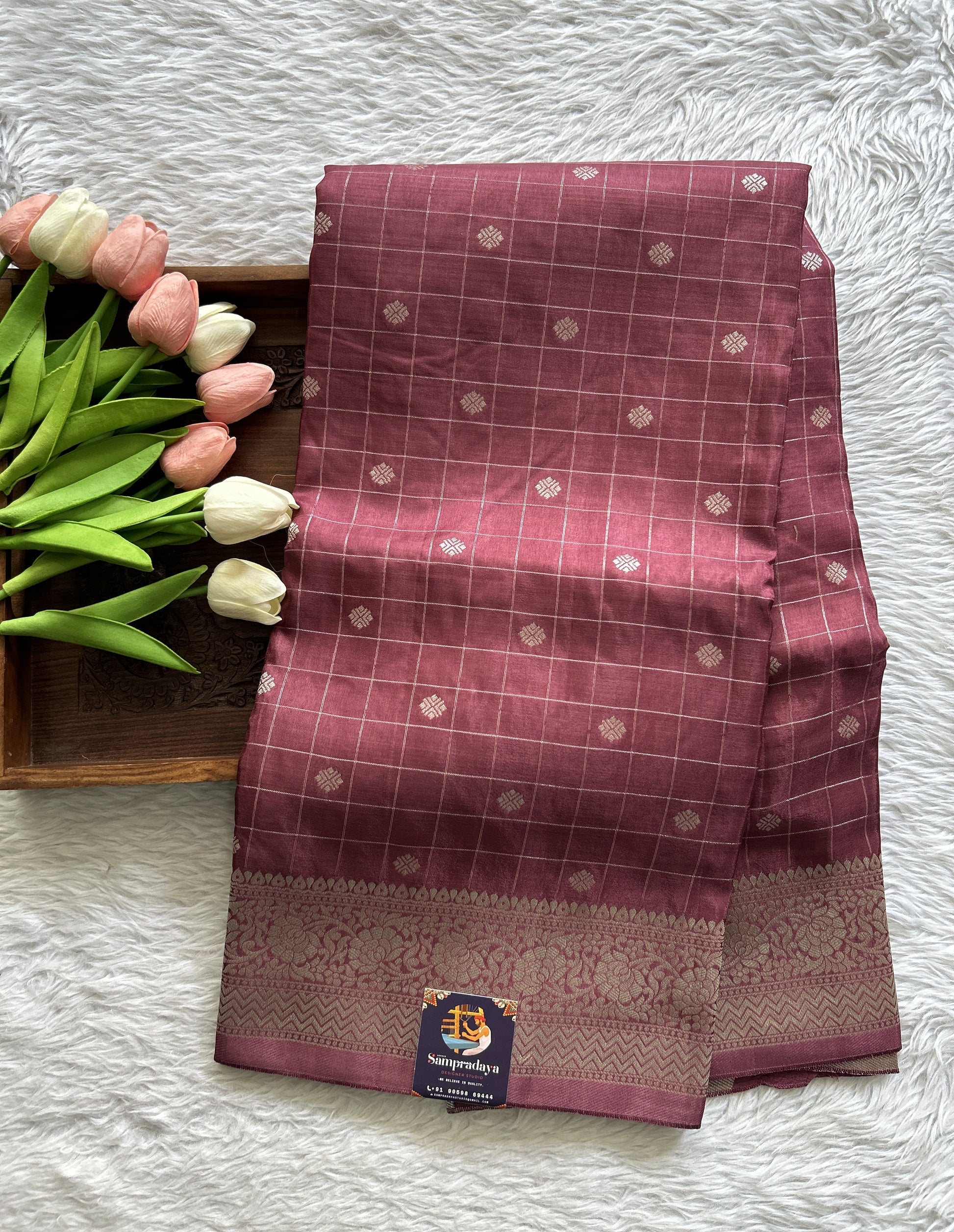 Semi Georgette Saree Mauve Colored Complemented with a Zari Border. - Sampradaya Designer Studio