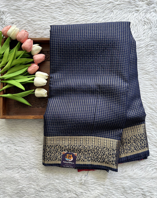 Semi Georgette Saree Navy Blue Colored Complemented with a Zari Border. - Sampradaya Designer Studio