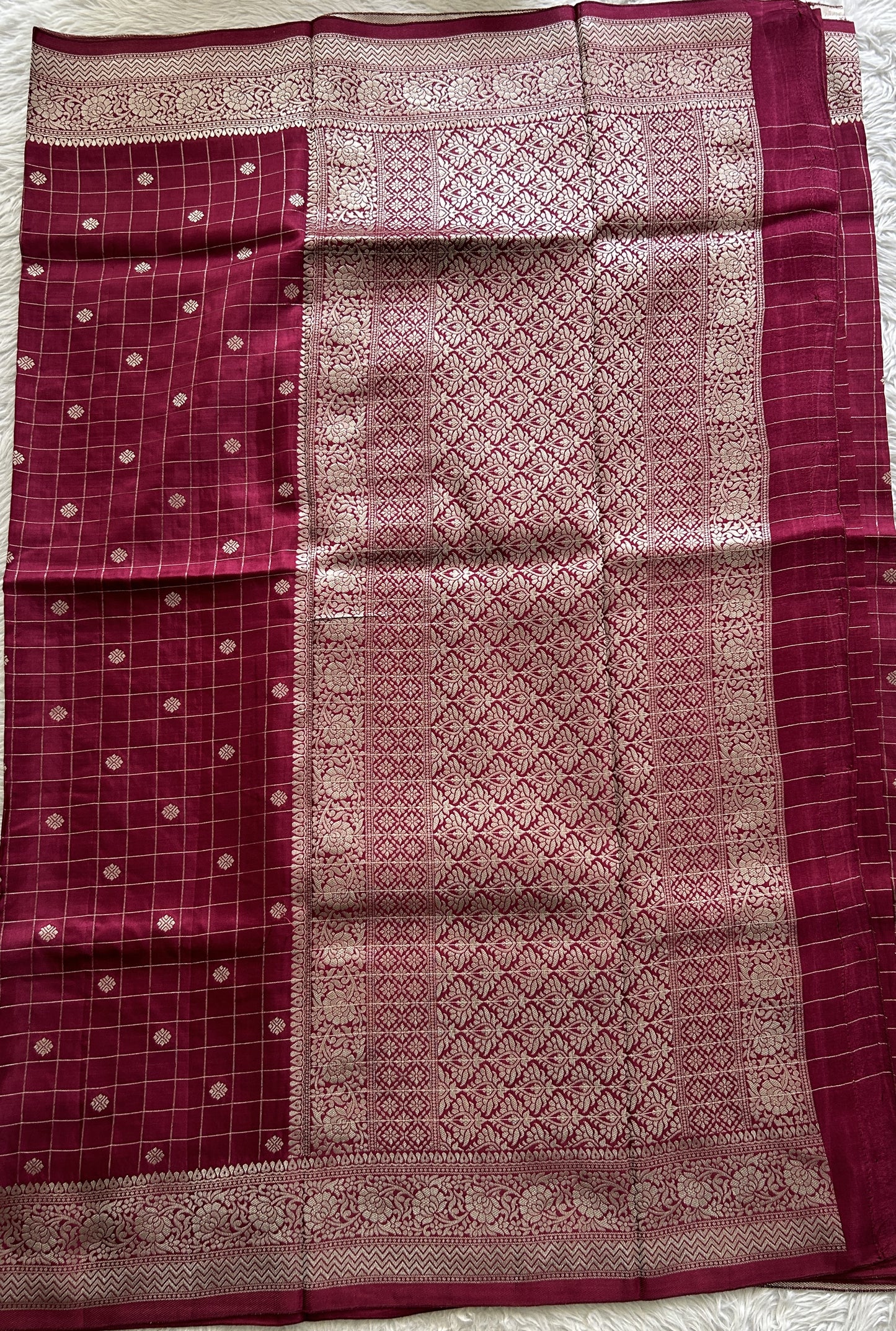 Semi Georgette Saree Wine Colored Complemented with a Zari Border. - Sampradaya Designer Studio