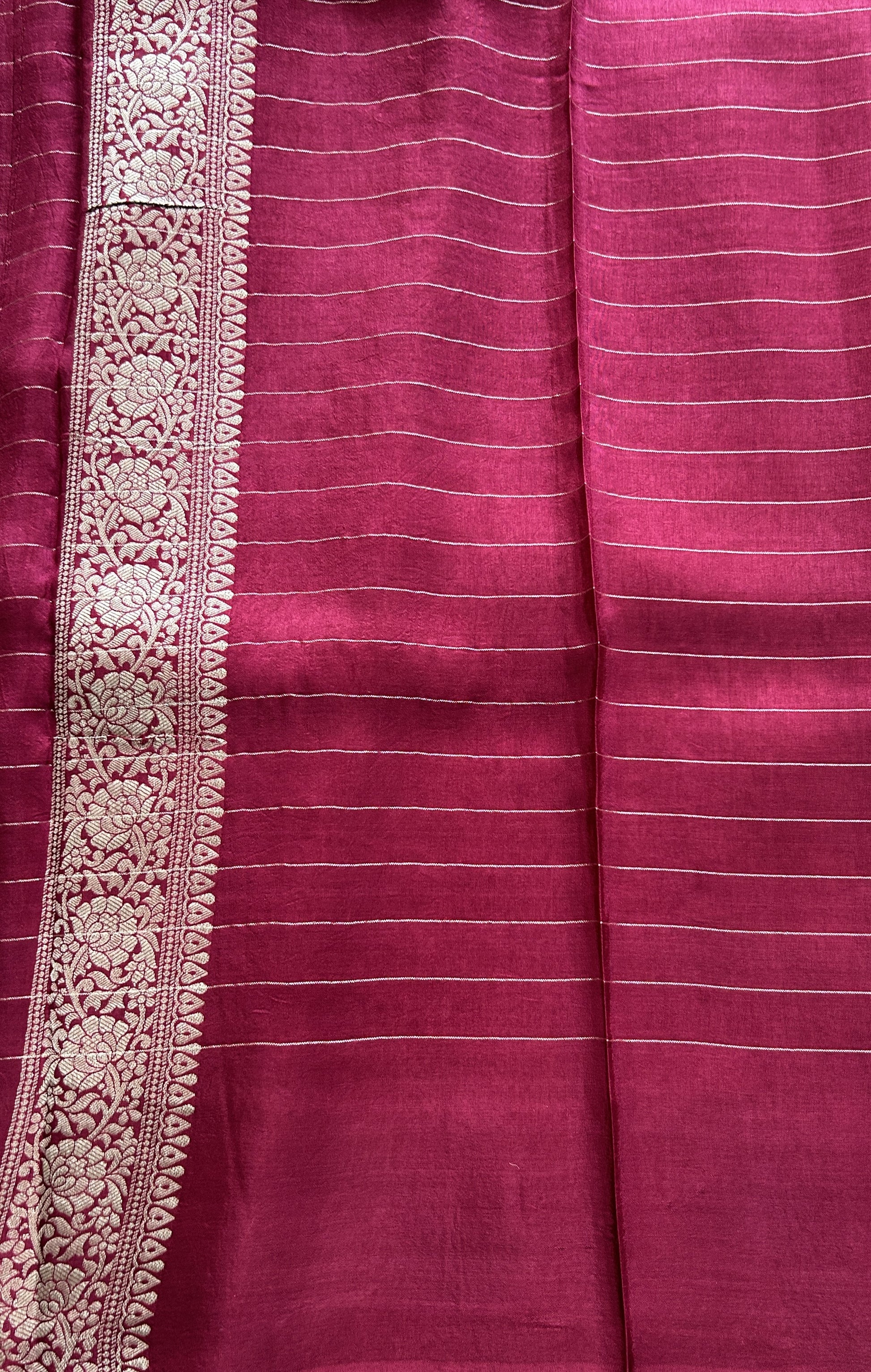 Semi Georgette Saree Wine Colored Complemented with a Zari Border. - Sampradaya Designer Studio