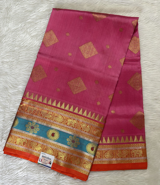 Venkatagiri Pattu Saree Pink Colored Complemented With a Pattu Pastel Orange Color Kanchi Border - Sampradaya Designer Studio