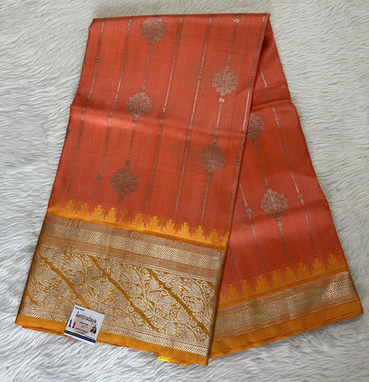 Venkatagiri Pattu Saree Pastel Orange Colored Complemented With a Pattu Kanchi Border - Sampradaya Designer Studio