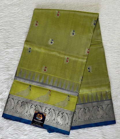 Venkatagiri Pattu Saree Apple Green Colored Complemented With a Pattu Teal Blue Kanchi Border - Sampradaya Designer Studio