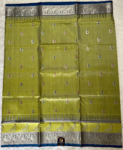 Venkatagiri Pattu Saree Apple Green Colored Complemented With a Pattu Teal Blue Kanchi Border - Sampradaya Designer Studio