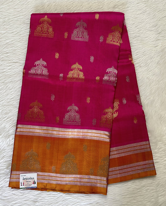 Venkatagiri Pattu Saree Pink Colored Complemented With a Pattu Turmeric Yellow Kanchi Border - Sampradaya Designer Studio