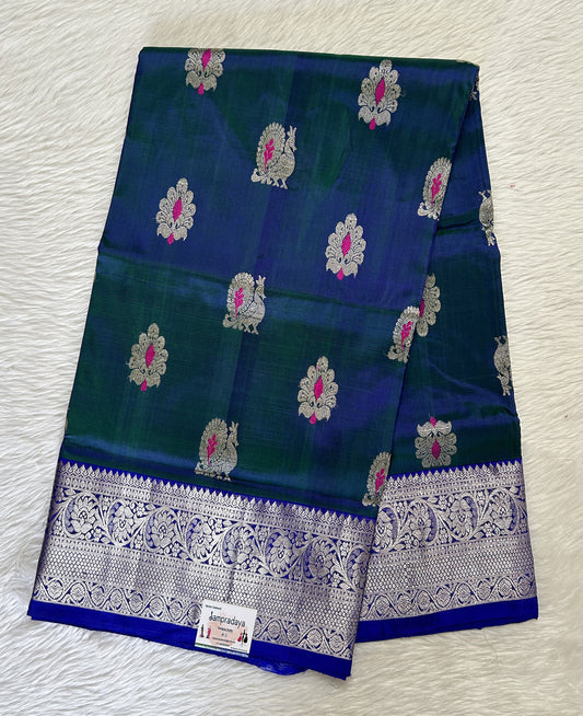 Venkatagiri Pattu Saree Peacock Green Colored Complemented With a Pattu Indigo Blue Kanchi Border - Sampradaya Designer Studio