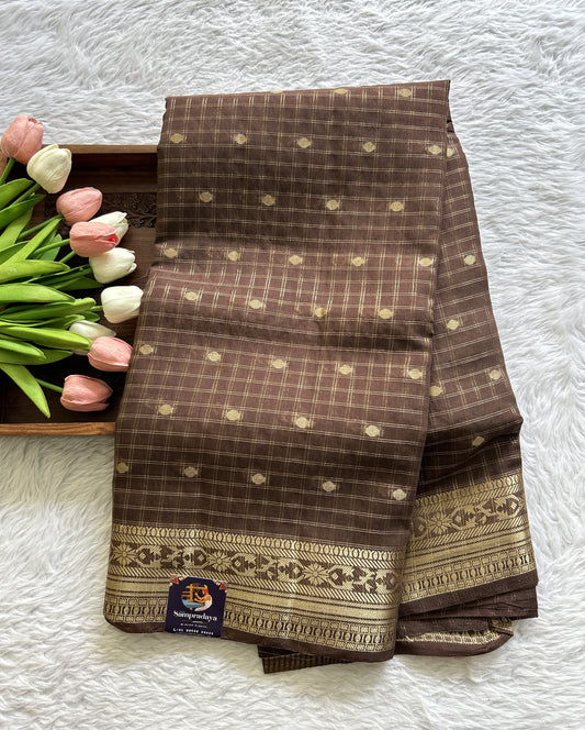 Semi Georgette Saree Brown Colored Complemented with a Zari Border. - Sampradaya Designer Studio