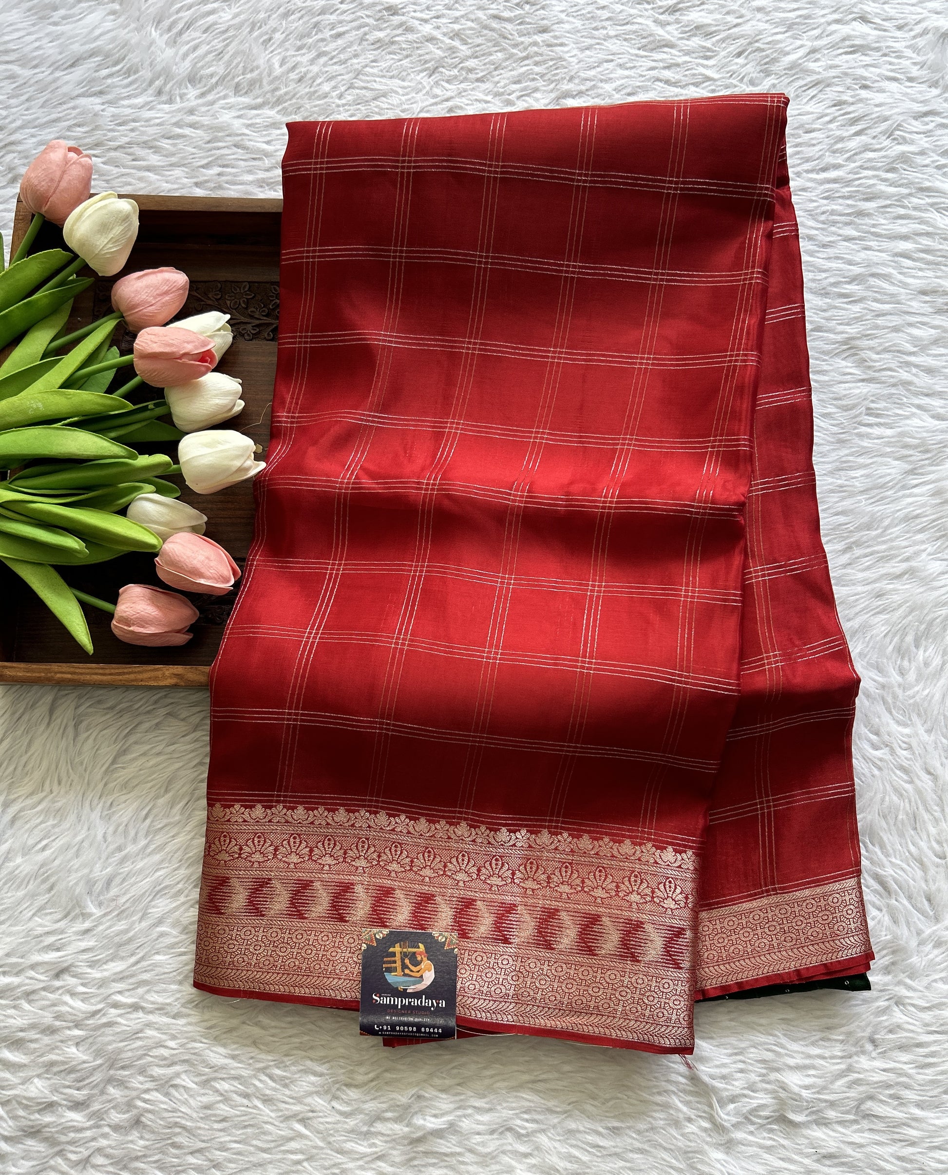 Satin Georgette Saree Red Colored Complemented with a Zari Border. - Sampradaya Designer Studio